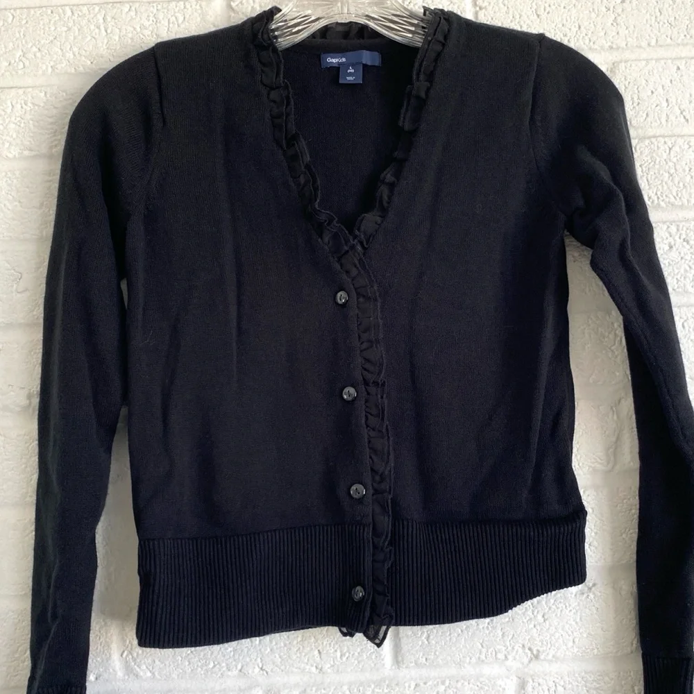 GAP KIDS Black Knit Cardigan Button Down Ruffle Neck Cotton Size 10 Large